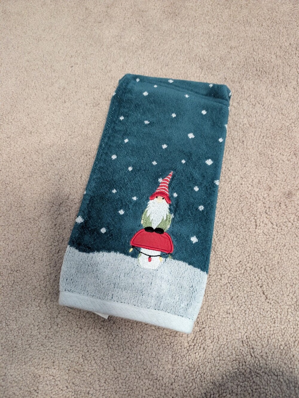 Holiday Gnome Hand Towel - Teal and White